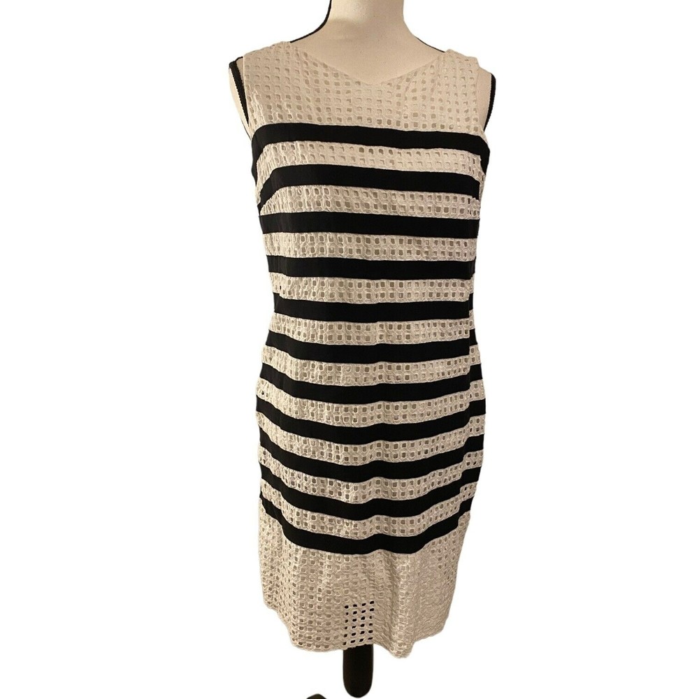 Lands End Striped Eyelet Shift Dress Womens Sz 8P Black White Sleeveless Zip Up